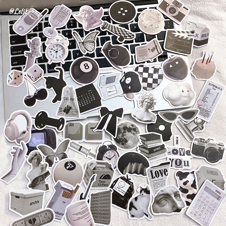 Bộ 60 Miếng Dán Họa Tiết Trắng Đen Chống Thấm Nước Phong Cách Vintage Độc Đáo Trang Trí Sổ Tay DIY