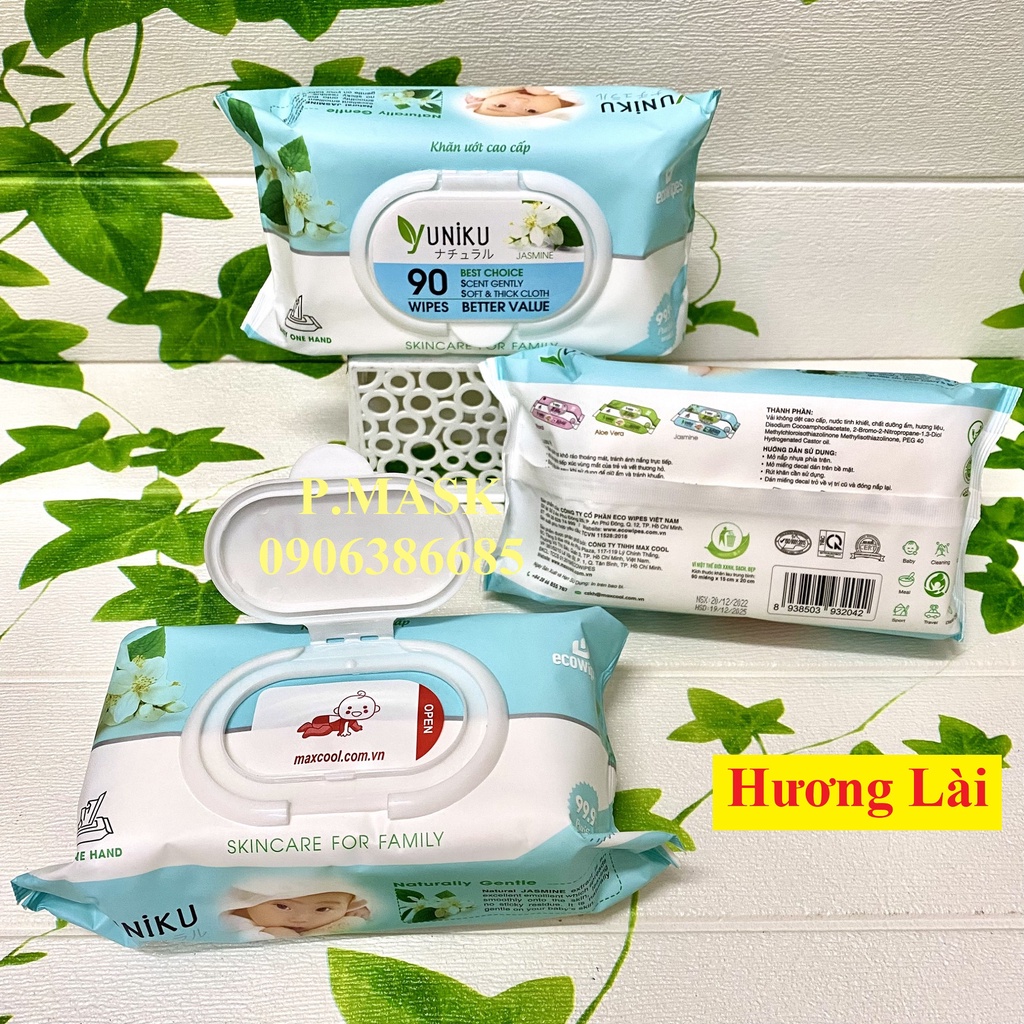 KHĂN ƯỚT CHO BÉ 90 MIẾNG YUNIKU hương Lài / hương Phấn / không mùi hương - HÀNG CHÍNH HÃNG CAO CẤP chuyên dùng cho bé