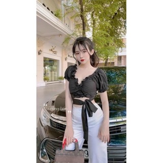 Áo Kiểu Nữ Nhúng Croptop Chéo Cột Nơ Eo
