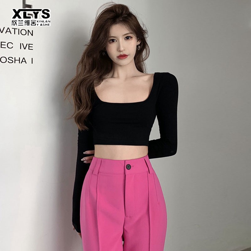 Áo XINLANYASHE tay dài cổ vuông màu trơn hở lưng thời trang xinh xắn cho nữ