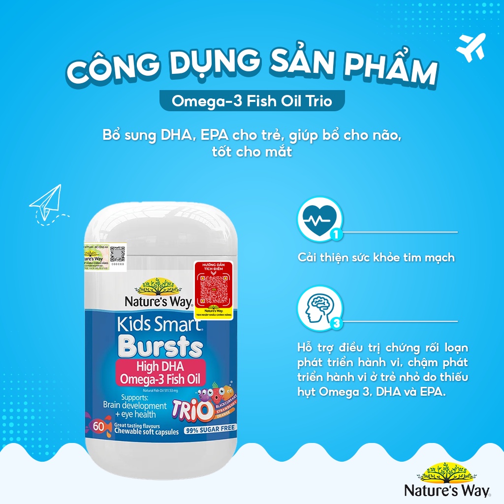 Viên Uống Dầu Cá Nature's Way Omega-3 Fish Oil Trio Giúp Bổ Sung DHA Phát Triển Trí Tuệ Cho Bé 60 Viên