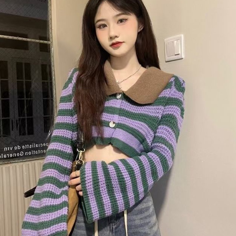 IELGY   Áo cardigan Dệt Kim Tay Phồng Họa Tiết Kẻ Sọc Thời Trang Pháp Cho Nữ