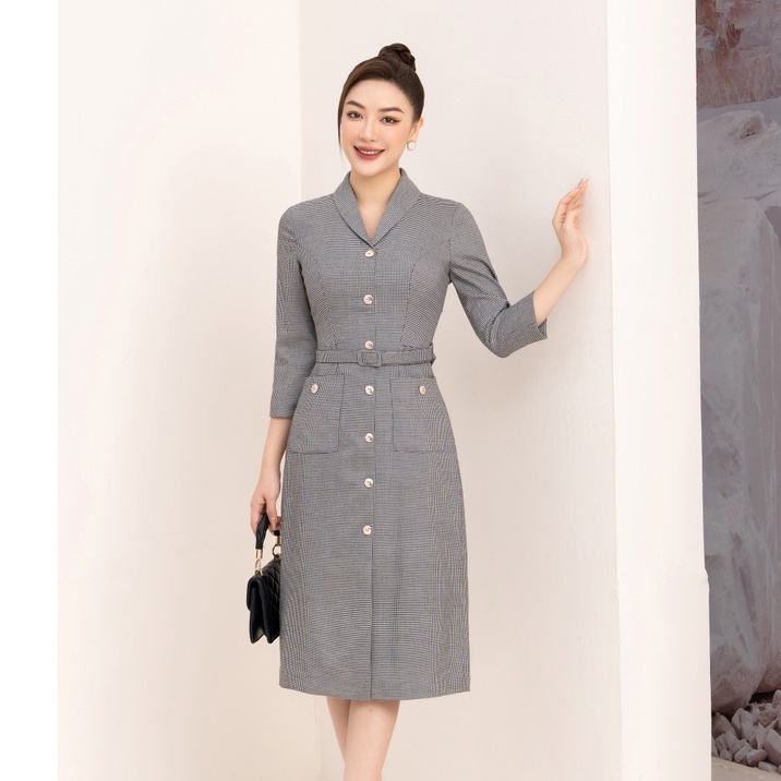 Đầm công sở LALULILL dáng A cổ sam tay lỡ túi ốp zikzak trắng đen LDL2272103
