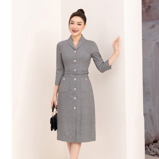Đầm công sở LALULILL dáng A cổ sam tay lỡ túi ốp zikzak trắng đen LDL2272103