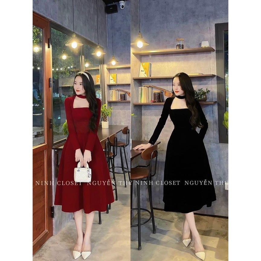 Đầm Váy Maxi Dự Tiệc Cổ Vuông Tay Dài Dáng Tiểu Thư