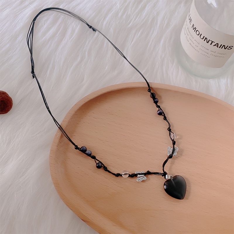 Vòng cổ Mặt Hình Trái Tim Đính Đá Opal Màu Đen Phong Cách Hàn Quốc Ngọt Ngào