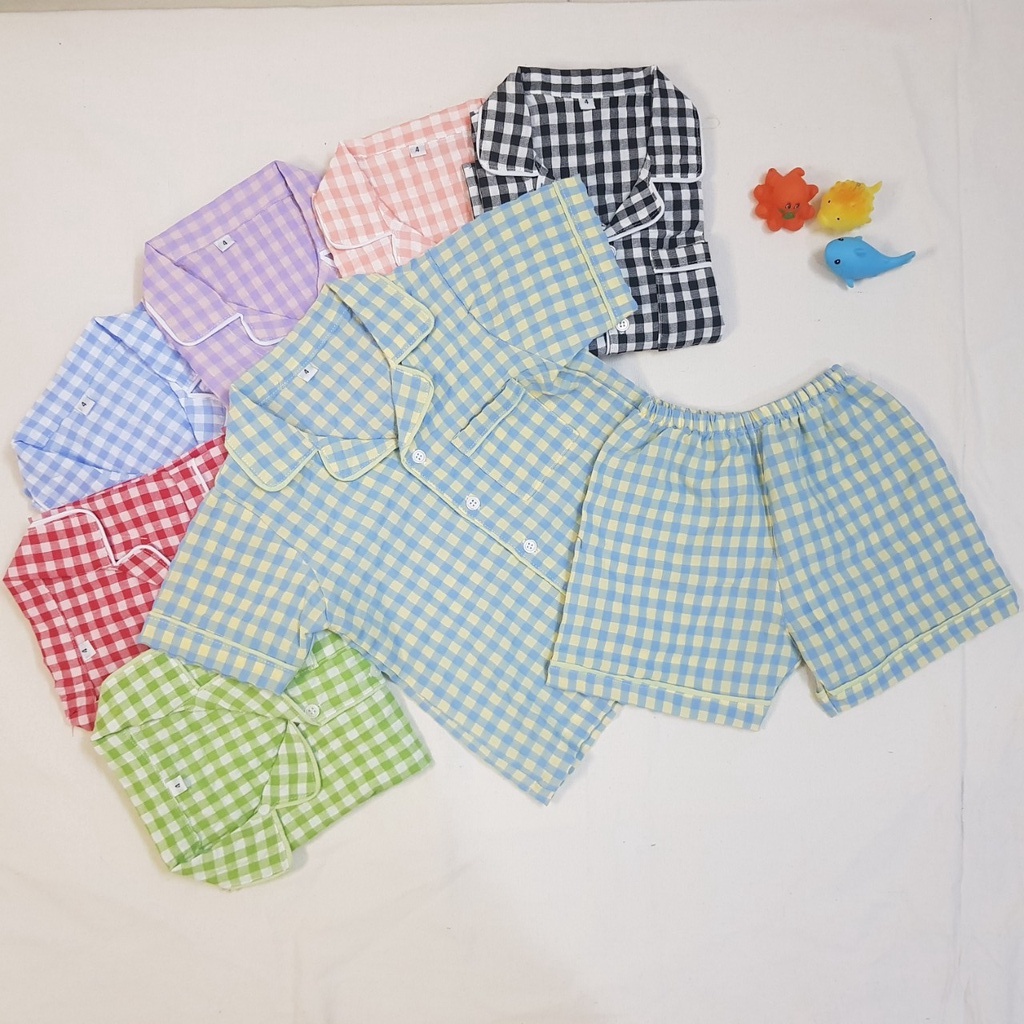 (10-22 kg) Bộ đồ ngủ, mặc nhà pyjama caro cotton 8 ly cho bé tay ngắn, quần ngắn