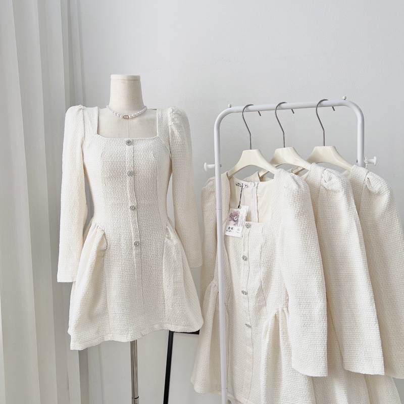 Váy trắng dạ tweed tay dài đính cúc đá hoa  hình thật, Đầm dạ tweed sang chảnh đi tiệc màu trắng