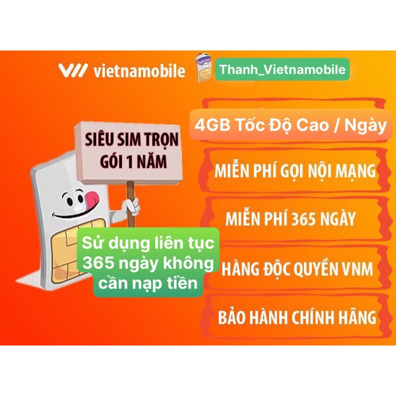 - Siêu Sim Data 4G Vietnamobile Trọn Gói 1 Năm 6Gb/Ngày