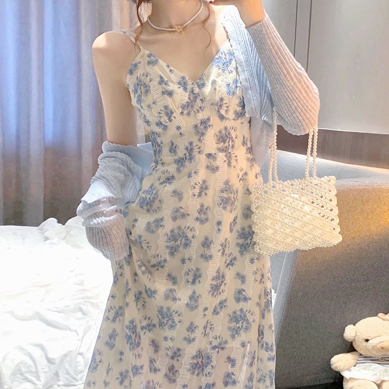 Zimaho Set váy Đầm Hoa Hai Dây +Áo Khoác cardigan Dệt Kim Tay Dài Thời Trang Mới