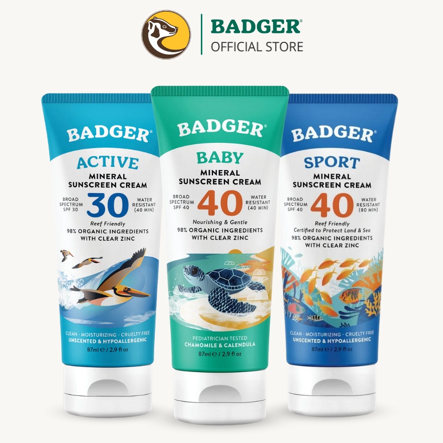 Kem chống nắng vật lý BADGER SPF 30 40 sunscreen cho mặt và body trẻ sơ sinh, em bé, người lớn - 87mL