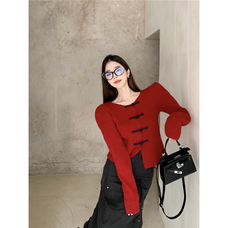 ZHELIHANGFEI Áo Khoác Cardigan Dệt Kim Tay Phồng Lưng Cao Thiết Kế Sành Điệu Cho Nữ