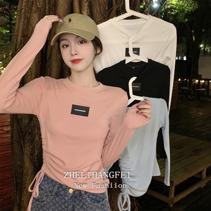ZHELIHANGFEI Áo Thun Tay Dài Cổ Tròn Dáng Ôm Phối Dây Rút Cá Tính Trẻ Trung