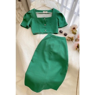 Set xanh cổ vuông nút ngọc (kèm hình thật)