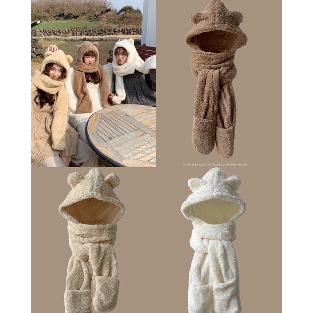 Mũ Lông Cừu, mũ len Tai Gấu trùm đầu Kèm Khăn Choàng Găng Tay Thời Trang Thu Đông Cho Nữ