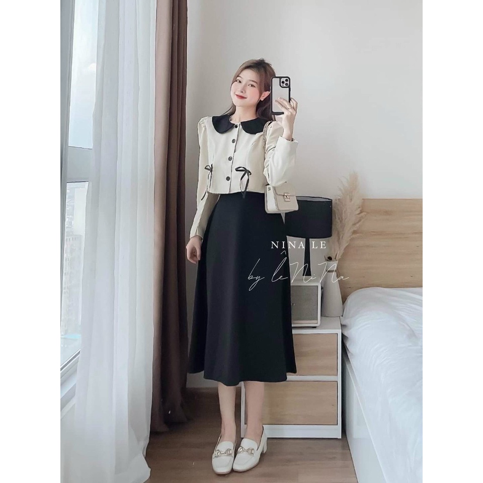 HCM] Sét  Áo Bèo Cổ Đen Cài Nút Thật Phối Chân Váy Xòe Dài Thời Trang Nữ Sam Closet Free Size 40-55kg