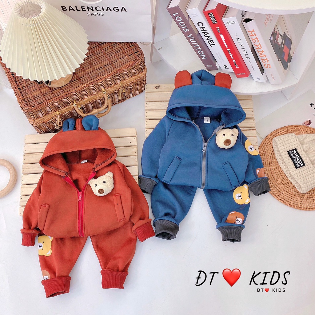 Đồ bộ cho bé Shop Sam Ú áo kéo khóa có Gấu ở ngực siêu dễ thương vải Nỉ trần bông- Bộ đồ bé trai form nhỏ size 1-7 V12