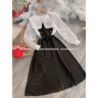 Đầm maxi đen phối trắng cột dây
