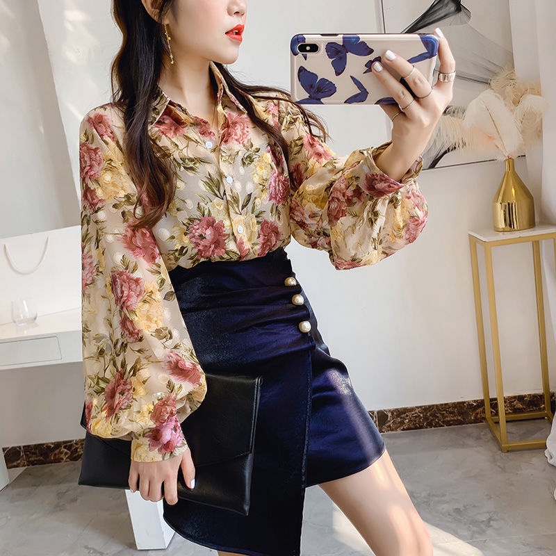 Áo Sơ Mi Chiffon Tay Dài Dáng Rộng In Họa Tiết Hoa Thời Trang Cho Nữ