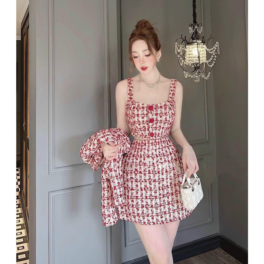 Set váy dạ chữ A, áo hai dây kèm áo khoác bố form đẹp đang hot, det thu đông Hàn Quốc tiểu thư 3 món như hình