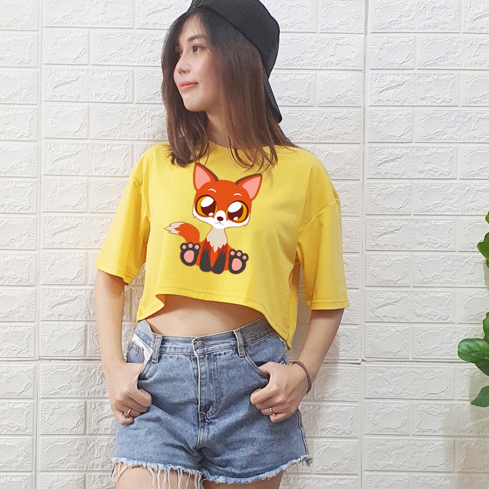 Áo Croptop Nữ Toli Tay Ngắn Cổ Tròn Vải Thun Cotton Kiểu Hàn Quốc In Hình Hoạ Tiết ( ĐEN- CON CÁO)