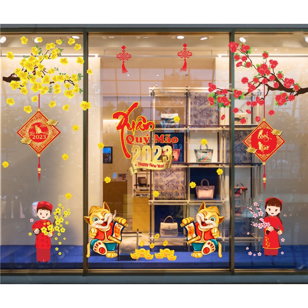 Decal cao cấp trang trí cửa kính ngày tết mừng xuân năm đón lộc năm mới - Decal tết có keo sẵn màu sắc nét siêu đẹp