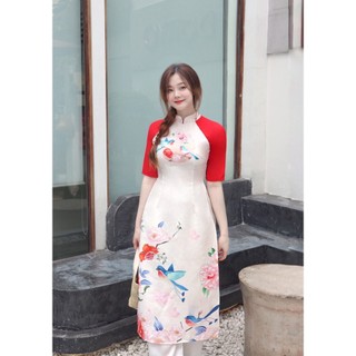 SET ÁO DÀI TẾT PHỐI TAY ĐỎ - Hình Shop Chụp Thật
