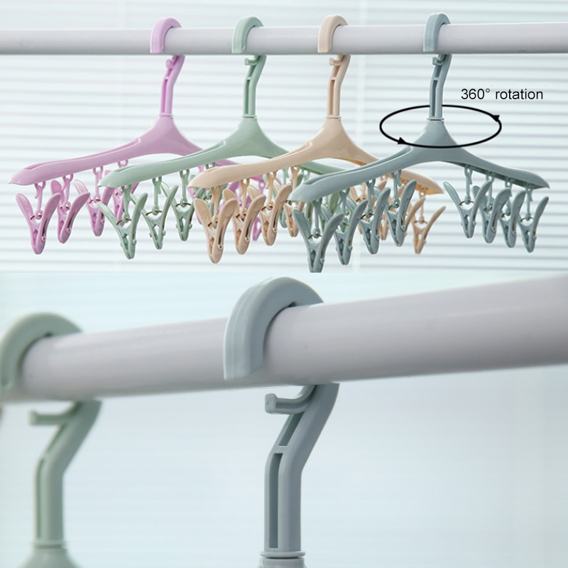 Móc phơi quấn áo 8 kẹp nhựa chắc chắn, đâu móc có khóa gài chống bay quần áo, thiết kế tinh tế tiết kiệm không gian