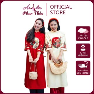Áo dài nữ cách tân cát tường màu đỏ, kem siêu xinh - áo dài cách tân chất lụa cao cấp - shop pt