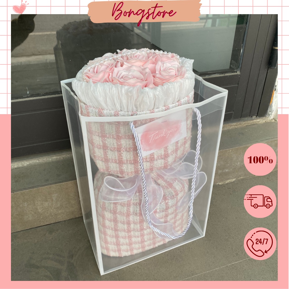 Bó hoa hồng sáp 7 lớp gói vải dạ tweed kèm túi xách sang trọng làm quà tặng sinh nhật, quà valentine, 14/2