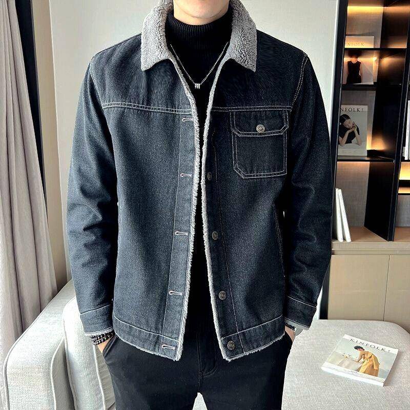 Áo Khoác Denim Lót Lông Cừu Dày Dặn Thời Trang Cho Nam