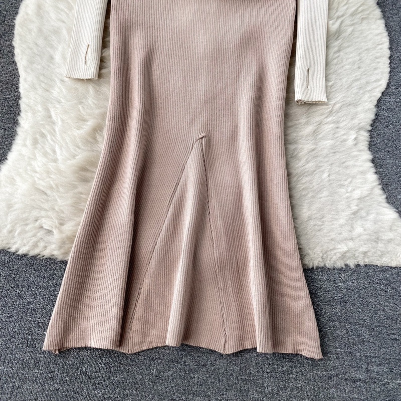 Váy len cổ V nữ kèm dây ruy băng len