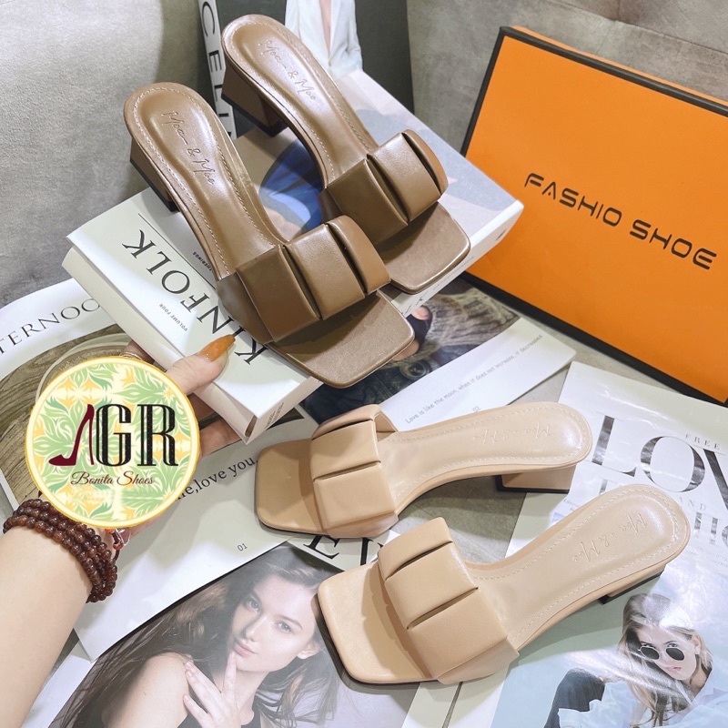 Guốc cao gót 3 sọc phồng da mềm gót Vuông 4 cm