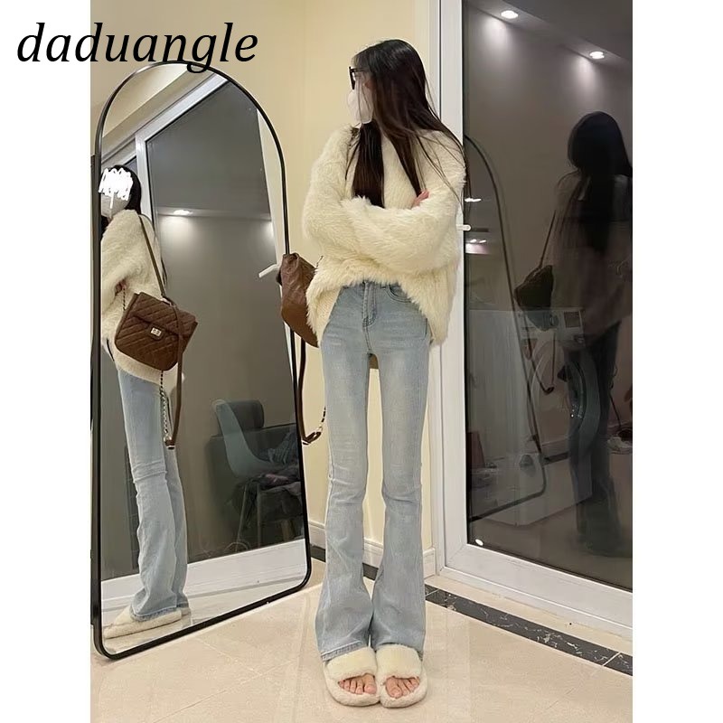 Quần jean DADUHEY lưng cao ống loe giặt sờn phong cách Hàn Quốc retro thời trang mới dành cho nữ