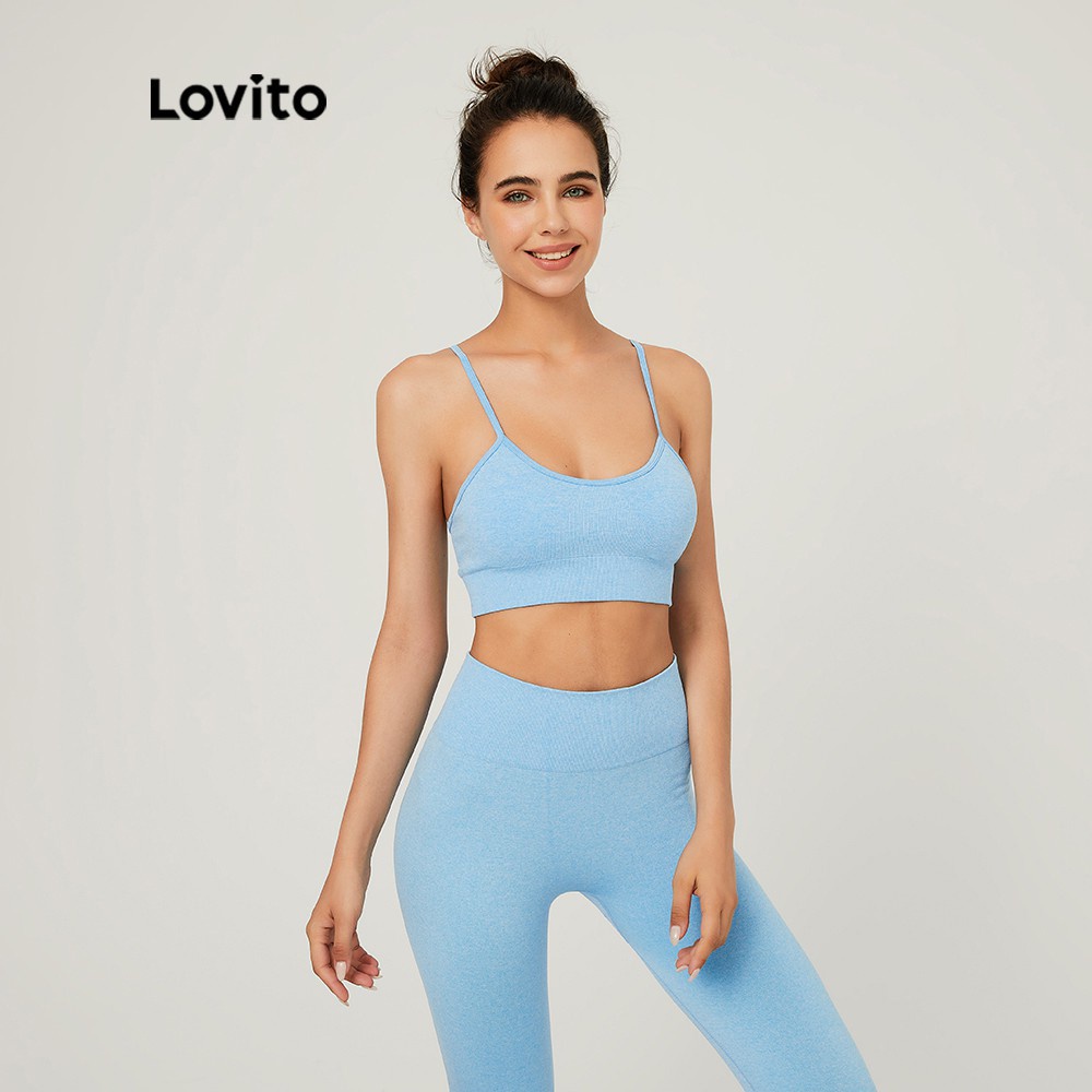 Áo ngực thể thao Lovito ôm dáng vừa vặn không gọng co giãn 4 chiều thoáng khí màu xanh dương trơn L03111