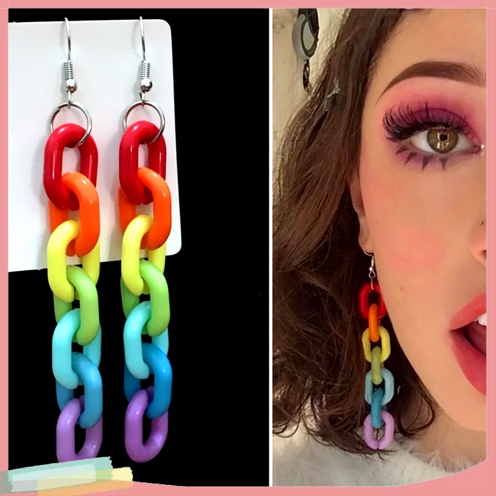 Đôi Khuyên Tai Dài Phối Dây Xích Màu Cầu Vồng Thời Trang Cho Nữ