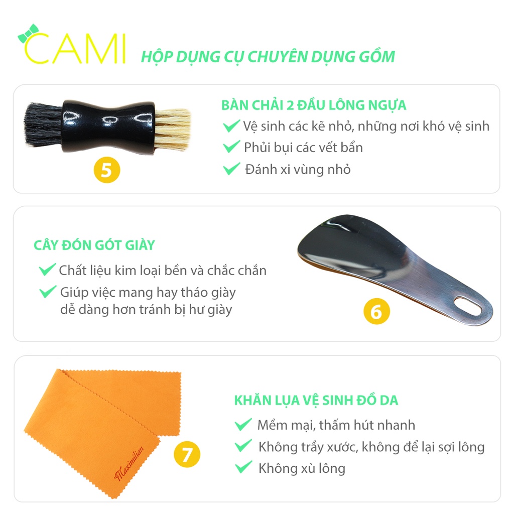 Set 7 món dụng cụ vệ sinh, bảo dưỡng đồ da có hộp inox bảo vệ nhỏ gọn tiện lợi khi công tác - Cami - CMPK292
