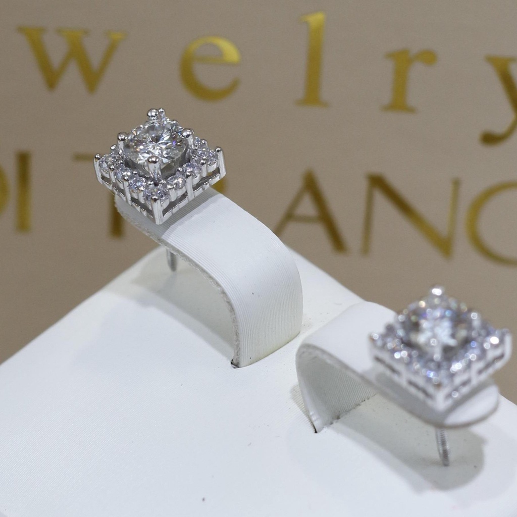 Khuyên Tai Xi Kim Vuông Viền Tấm Đá Moissanite KHJEM07 - Chốt Vặn