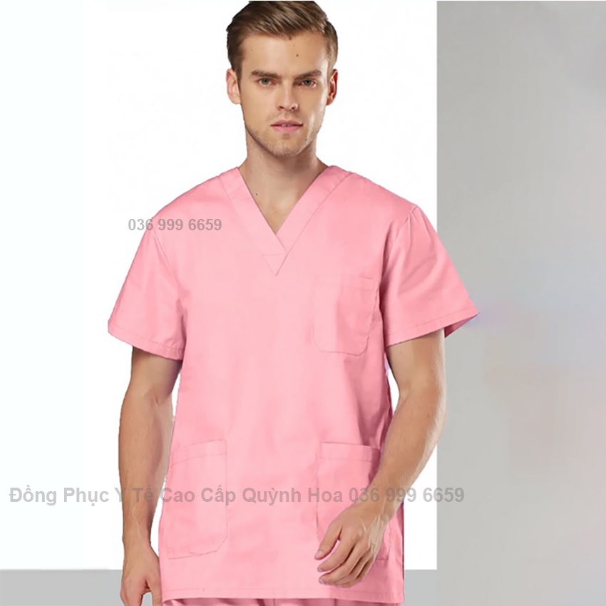 Bộ cổ tim đồng phục bác sĩ, kỹ thuật viên màu Hồng Cotton Cao Cấp cho phòng khám, spa, thẩm mỹ viện, nha khoa