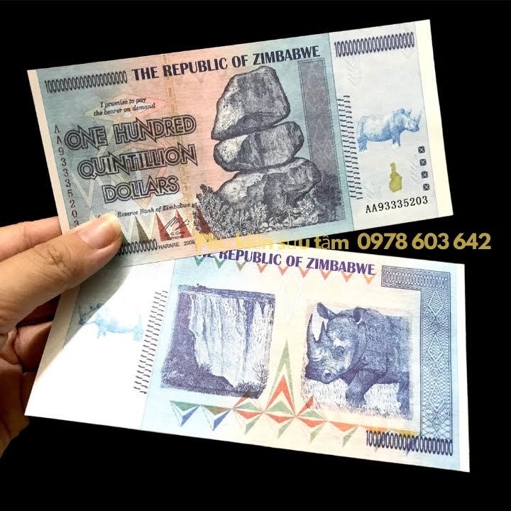 Tờ Lưu Niệm 100 Tỷ Tỷ Zimbabwe Hình Tê Giác, kích thước: 16.5cmx7.5cm, màu trắng - SP005991