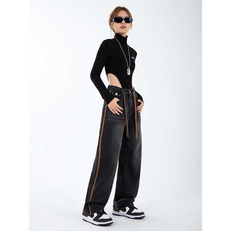 Quần Jeans Đen Lưng Cao Ống Rộng Phối Dây Rút Thời Trang Thu Đông Dành Cho Nữ