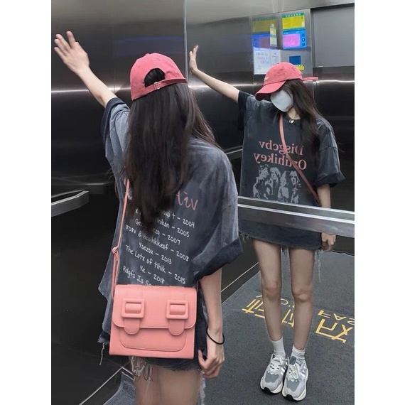 QADCOL Áo Thun Tay Ngắn Dáng Rộng Màu Đen Phong Cách retro Mỹ Thời Trang Cho Nữ