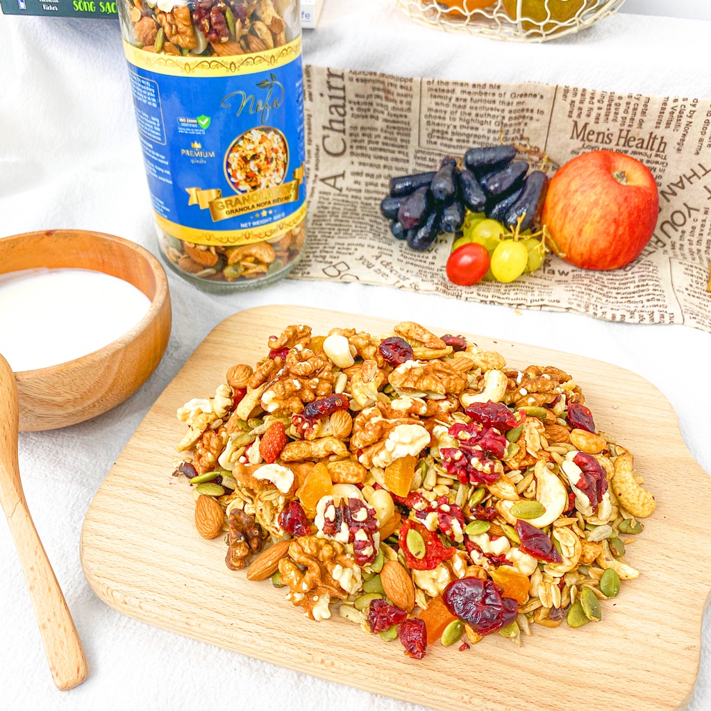 Granola Siêu Hạt &amp; Quả Nofa 500Gr, Túi Zip Và Hũ Ngũ Cốc Giảm Cân Đẹp Dáng Thêm Macca, Óc Chó Đỏ, Dâu Tây, 75% Yến Mạch