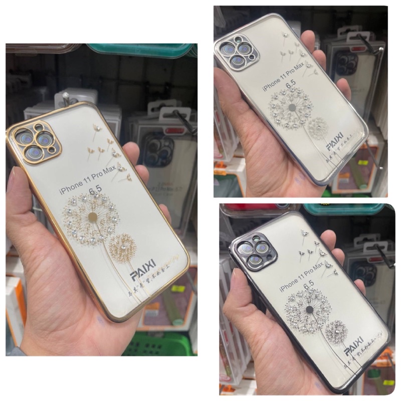 [ Đen - Vàng - Bạc ] Ốp Lưng dẻo mạ viền si hoa bồ công anh đính đá cho iPhone 7plus đến 14pro max