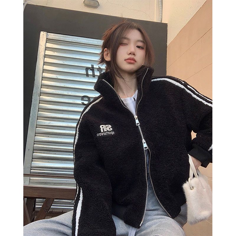 Áo khoác COZOKC tay dài cổ đứng phối khóa kéo in chữ phối màu tương phản thời trang