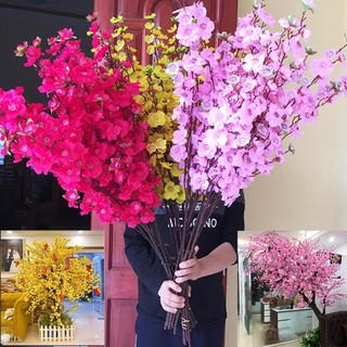 Hoa giả hoa lụa cành hoa đào, hoa mai trang trí tết dài 1m