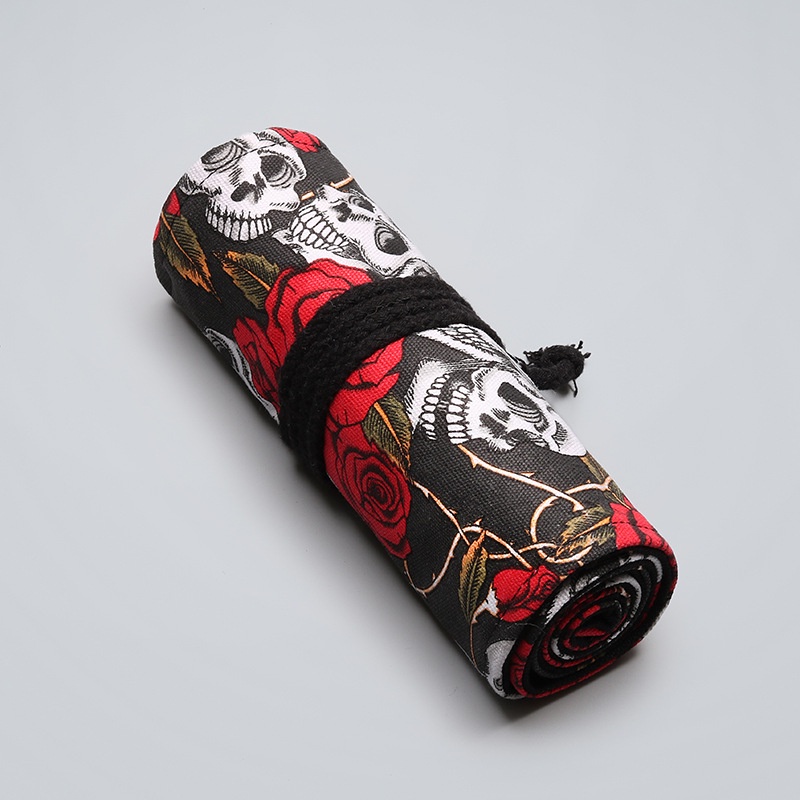 Túi Đựng Bút Bằng Vải Canvas In Hình Đầu Lâu Hoa Hồng Nhiều Màu Sắc