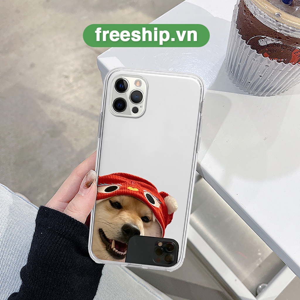 Ốp lưng iphone cạnh vuông chó mũ len đỏ tự sướng cực cute cho 6/6splus/7/7plus/8/8plus/x/xr/xs/11/12/13/14/pro/max
