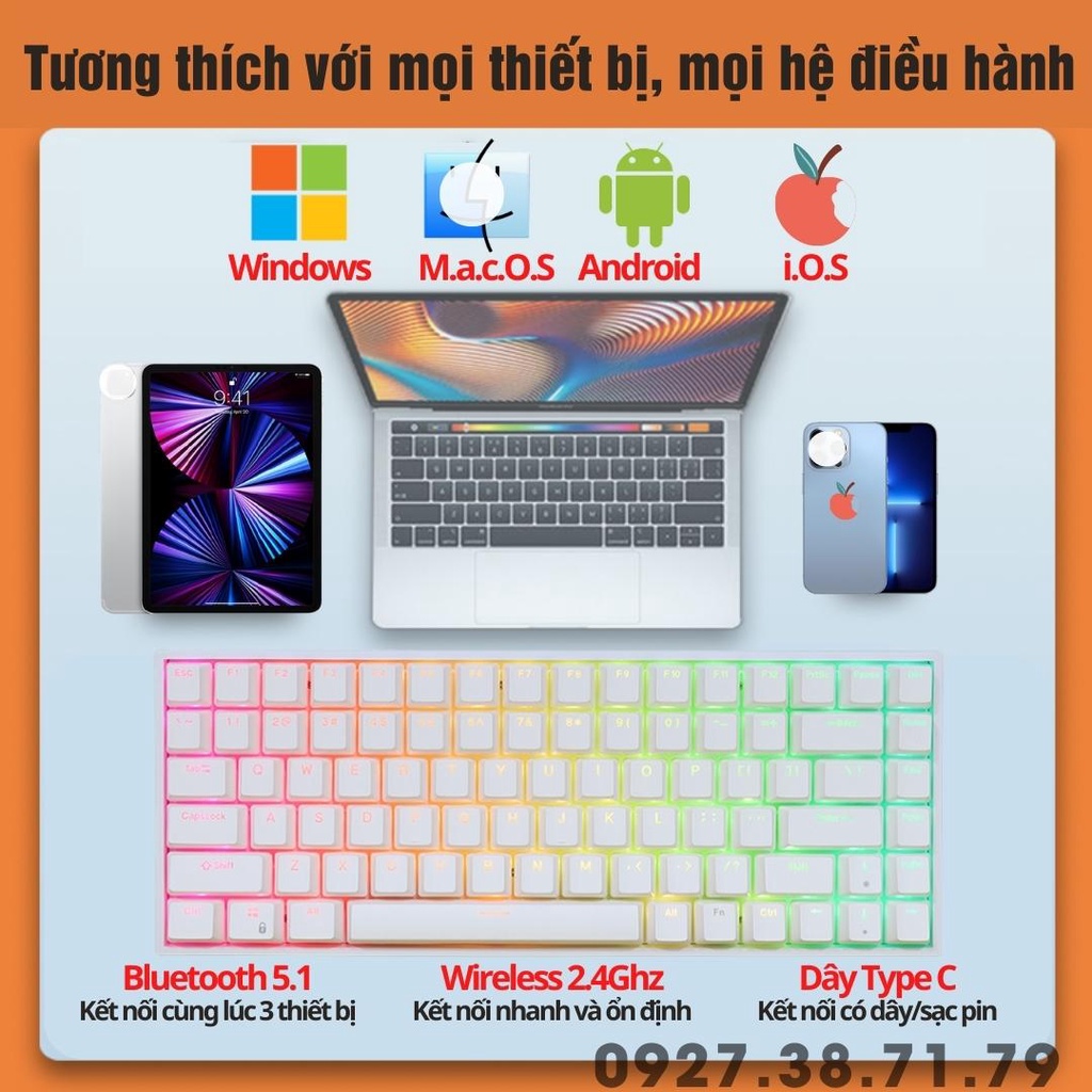 Bàn phím cơ ND84 Version 4 Led RGB Wireless 2.4G + Bluetooth 5.1 + Có dây Type C + Hotswap