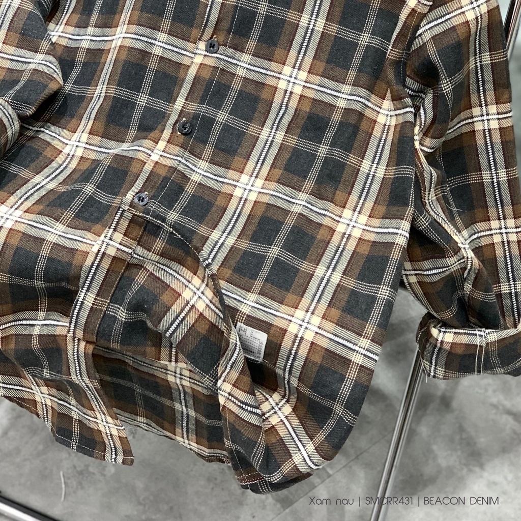 Áo Sơ Mi Nam Mẫu Caro Cotton Nỉ Phối Màu Xám Nâu BEACON DENIM Mã SMCRR431